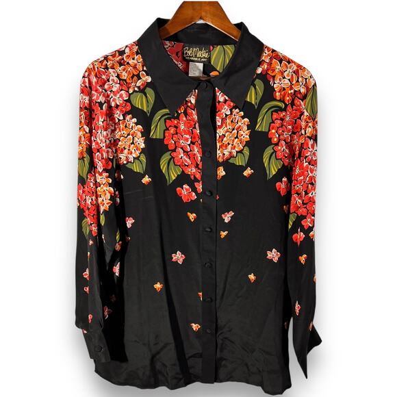 Bob Mackie Wearable Art Silk Blouse Black Floral Large - Picture 3 of 11